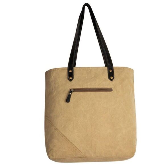 Myra Bag Handmade Sundown Tote Bag Upcycled Canvas & Cowhide Leather - Picture 7 of 9